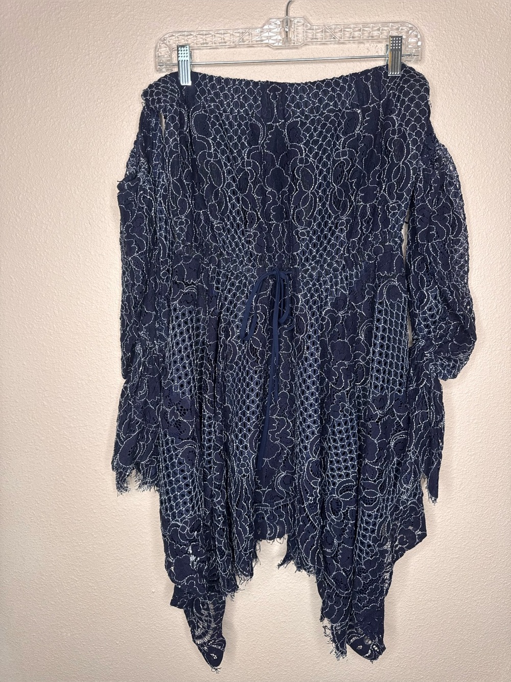 Shona Joy Navy and White Off-Shoulder Handkerchief Lace Dress